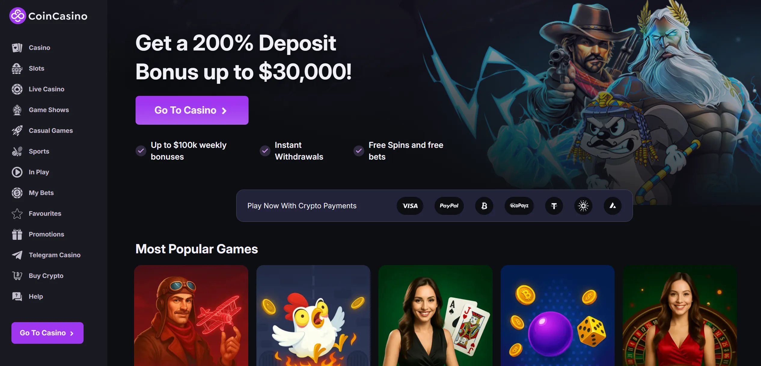 Coincasino frontpage with 200% deposit bonus