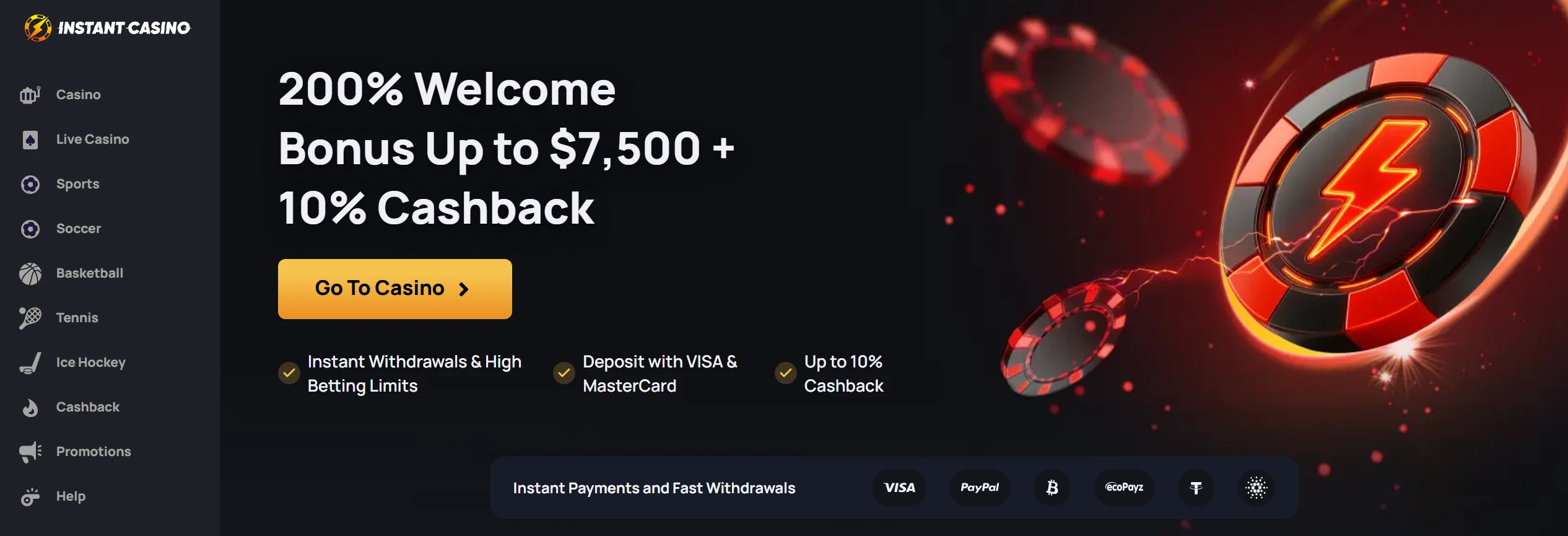 Instant Casino with 200% Welcome Bonus up to $7,500